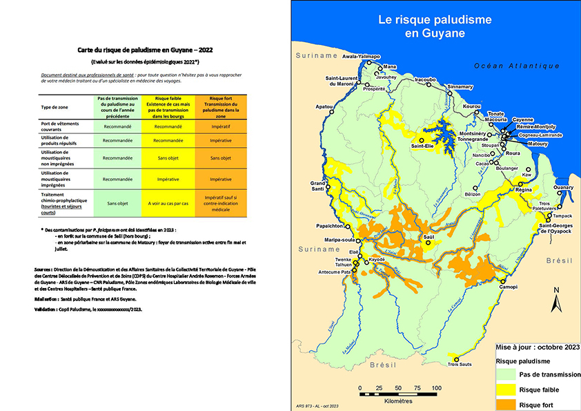 carte risque palu guyane et légende 2023