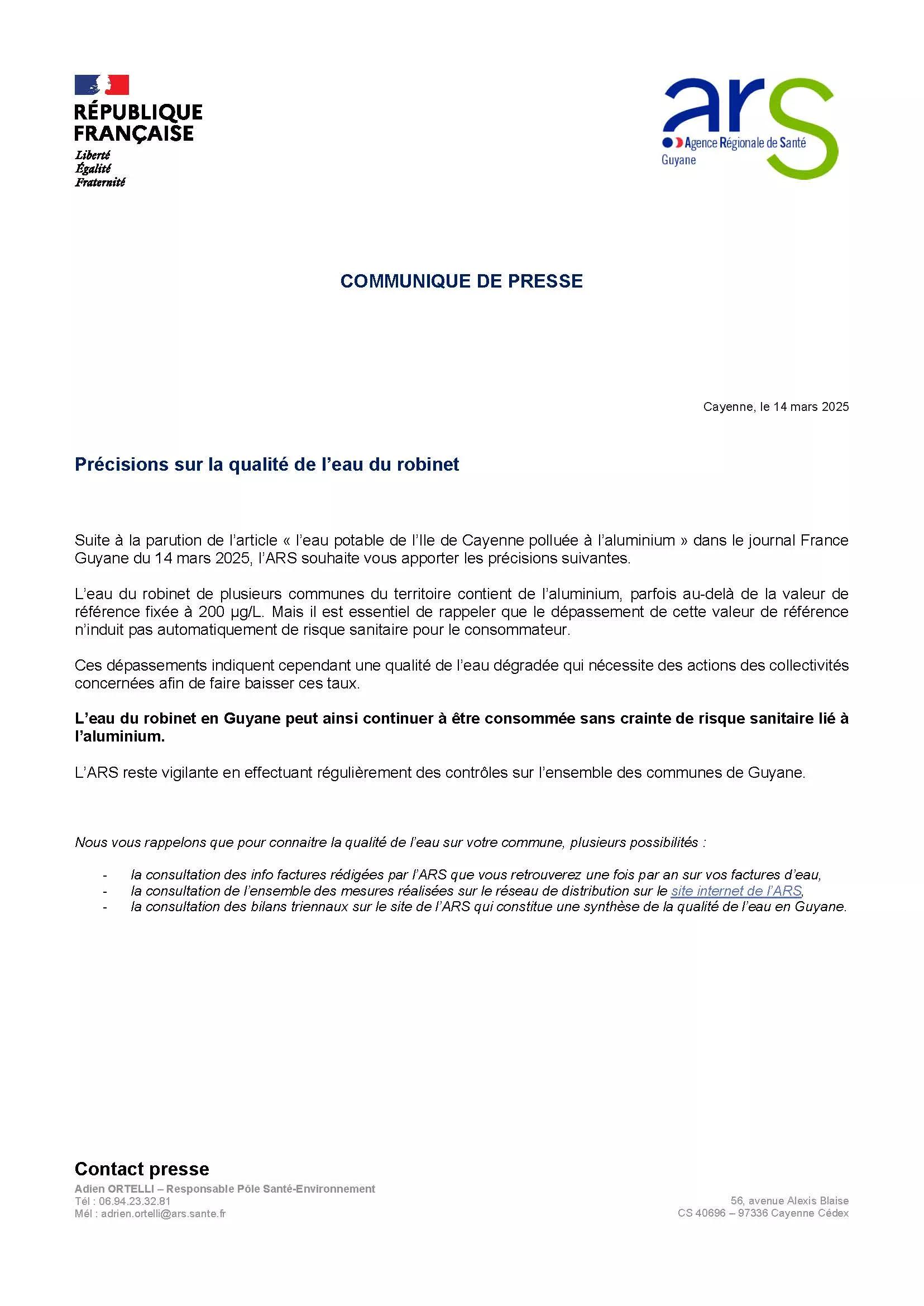 CP precisions qualité eau du robinet