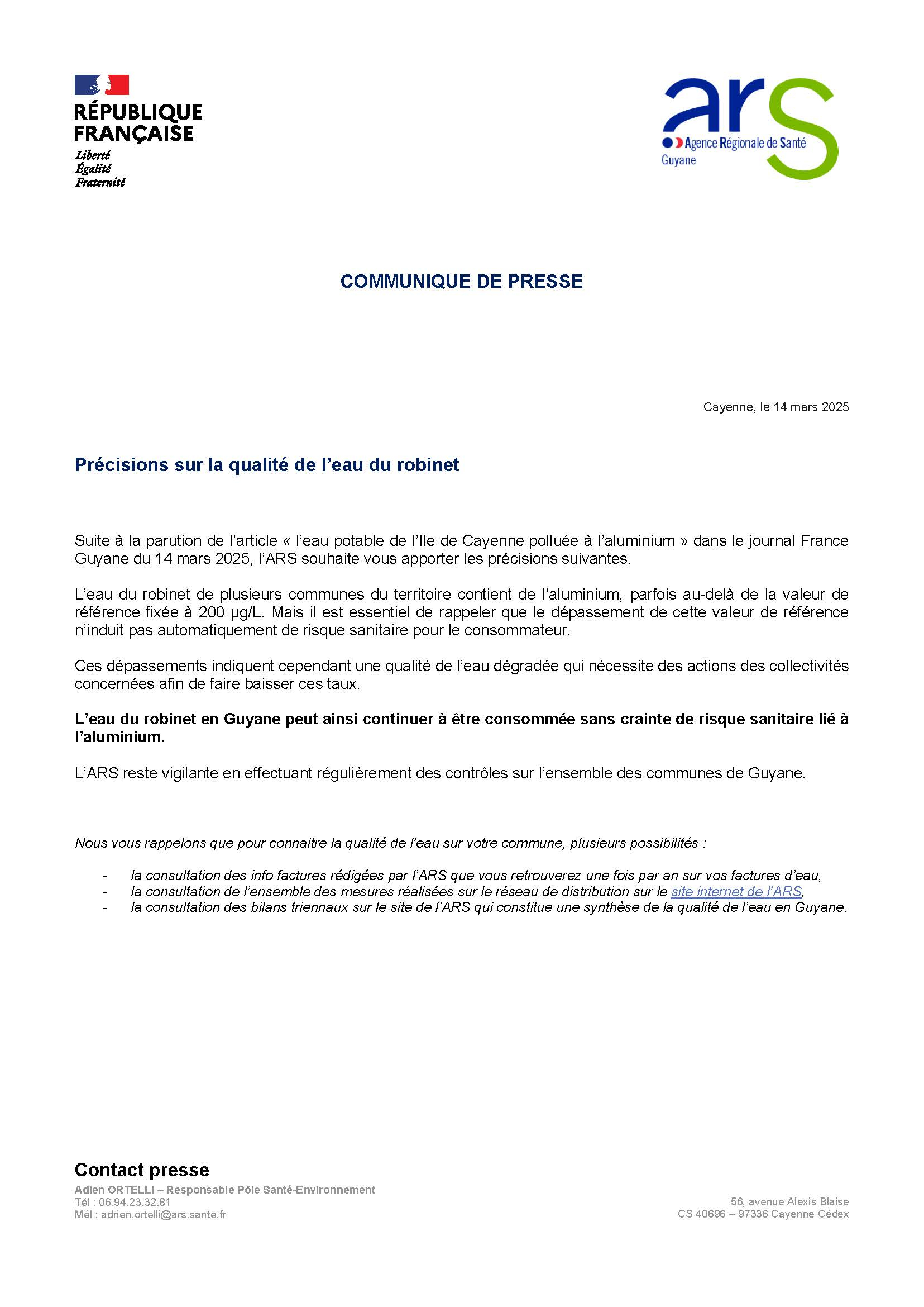 CP precisions qualité eau du robinet